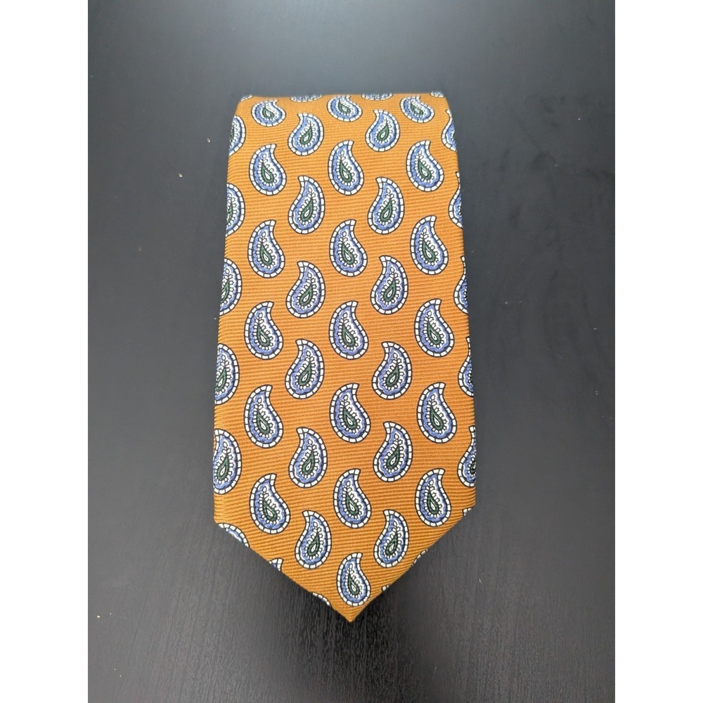 Brooks Brothers Maker English‎ Silk Tie Golden Wheat Paisley Blue 60" USA Made
